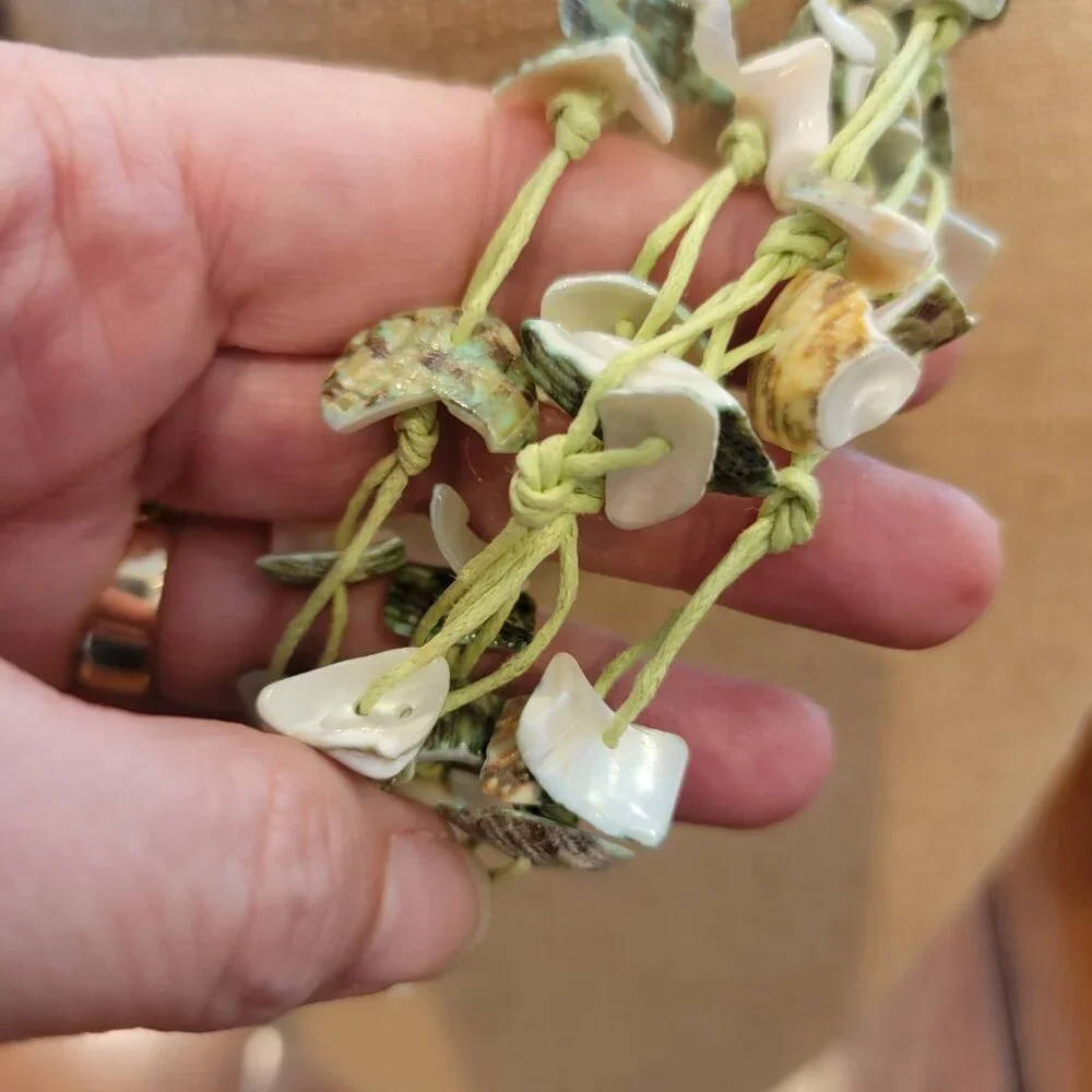 Green Shell & Cotton Multistrand Boho Necklace - Picture 7 of 11